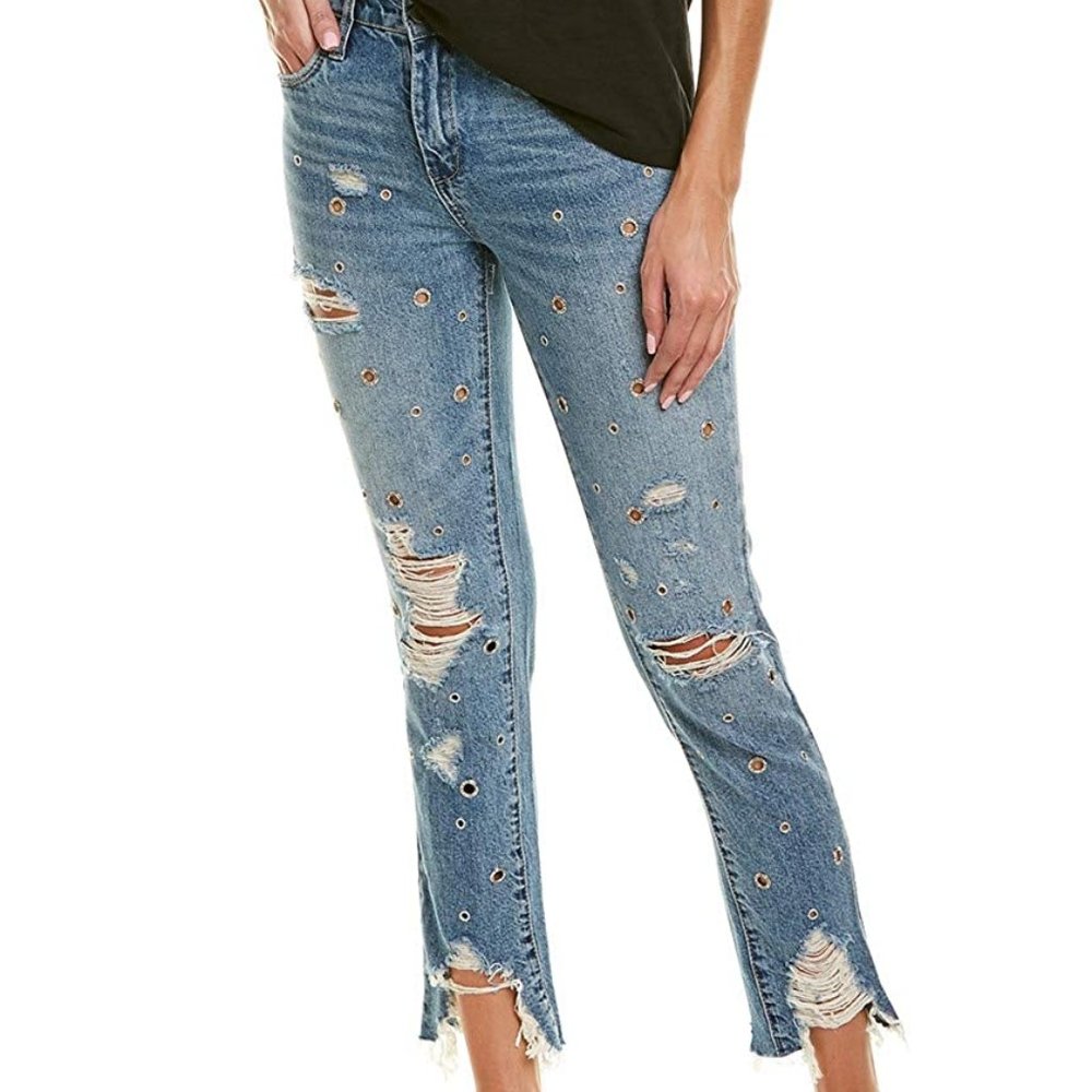 High Rise Distressed Jeans with Grommets